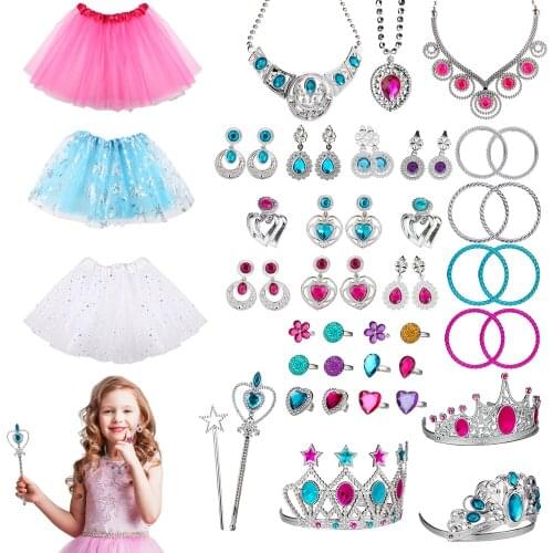 51Pcs Princess Pretend Play Accessories Dress Up Themed Party Skirts Crowns Necklaces Rings Bracelets Gifts for Girls Kids