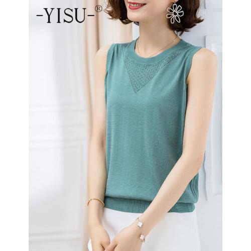 YISU 2021 Summer Knitted Sweater Women Loose Jumper Summer tops Female Pullover O-Neck sleeveless Solid color Thin Sweater