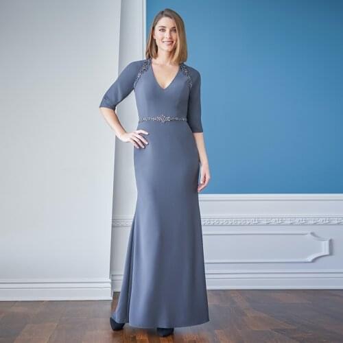 Wholesale Elegant Dusty Blue Lace Long Sleeve Mother of the Groom Dresses V Neckline High Side Slit Wedding Party Gowns Back Out