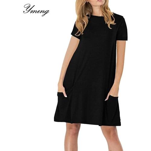 YMING Summer Pockets Women Dress Evening Party Loose Dresses White Black Beach Sundress Plus Size Casual Shirt Dress Vestidos