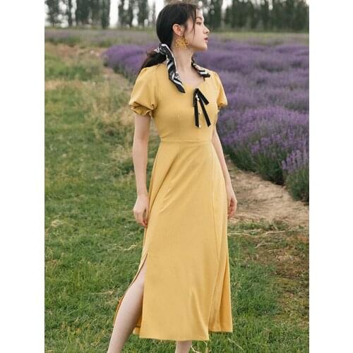 Women French Retro Dress Puff Sleeve Summer Bowknot Cute Chic Square Neck Elegant Split Slim Fashion Dress Vestido de mujer