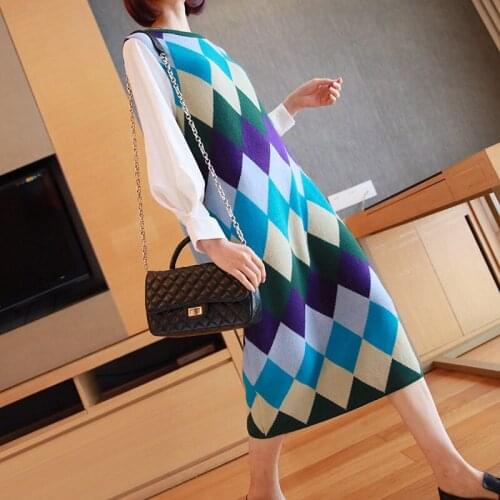 Plaid Autumn Dress New Womens Long-sleeved Patchwork Fashion Bottoming Long Knit Sweater Dress Loose Elegant Vestidos f2289