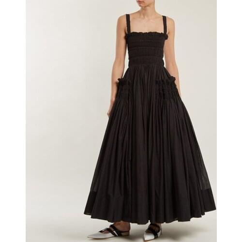 Women Vintage Ball Gown Dress Cotton Strap High Waist Tunic Pleated Maxi Dress