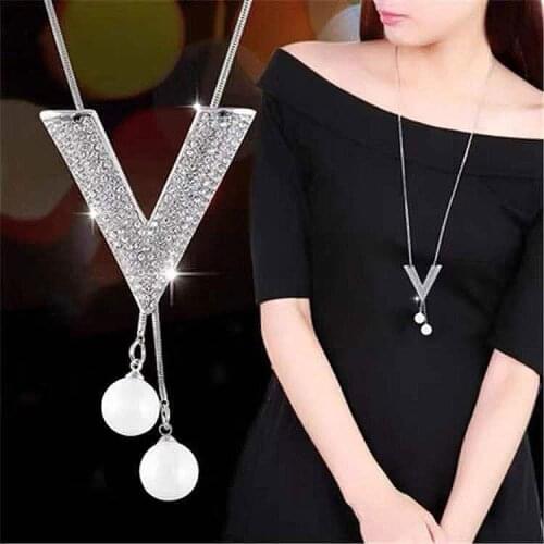Vintage Long Necklaces for Women Crystal Letter V Choker Necklaces Pendanst Fashion Silver Sweater Chain Jewelry Collier