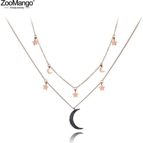 ZooMango Neo-Gothic Stainless Steel Double Layer Star & Moon Choker Necklaces Jewelry Lovely Pendant Necklace For Women ZN19164