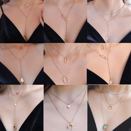 2019 Metal Moon Pendant Necklace Metal Tag Pendant Multi Layer Necklace Natural Stone Pearl Gold Chain Women Jewelry