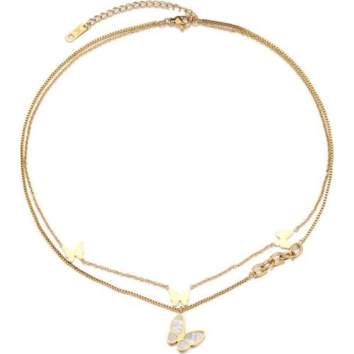 316L Stainless Steel Double Layer Embed Cameo Shell Butterfly Choker Chain Necklace For Women Fashion Trend Jewelry SAN391