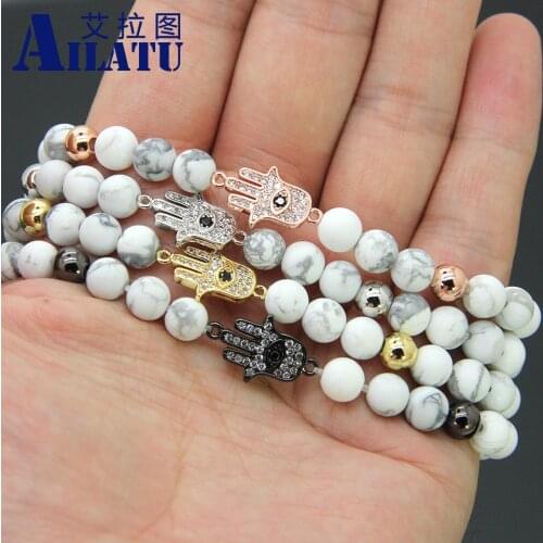 Ailatu Fashion Religious Fatima Hand Bracelet 6mm White Howlite Marble Stone Beads Micro Pave Zircons Hamsa Jewelry
