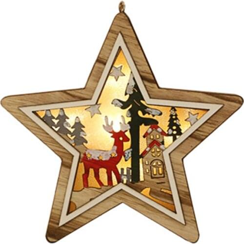 Wooden LED Lights Star Heart Round Tree Shape Battery Powered Decorative Night Lamps Pendant Christmas Tree Hanging Ornament