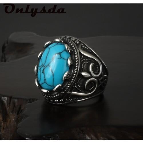 Dropshipping Hot Sell Blue Stone Ring 316L Stainless Steel Women Mens Fashion Fashion Indian Style Biker Anel Party Gift