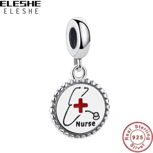 ELESHE Wholesale Round Shape Authentic 925 Sterling Silver Nurse Dangle Charm fit Bracelets for Women Fashion DIY Jewelry Making