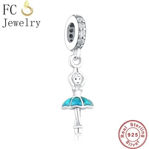FC Jewelry Fit Original Brand Charm Bracelet 925 Silver Blue Lampwork Dress Ballet Girl Ballerina Dancer Bead Pendant Berloque