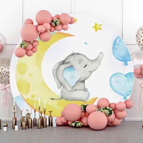 Laeacco Lovely Elephant Baptism Party Backdrops For Photography Love Heart Balloon Moon Star Customized Round Poster Backgrounds
