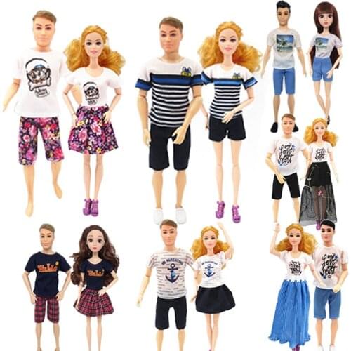 2sets/lot Couple Lover Casual Wear for Barbie Doll Outfits Top Shirts Skirt Shorts Clothes for Ken Boy Dolls 1/6 Accessories Toy