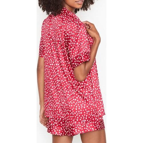 Fashion Style Pajamas for Women Heart Print Satin Sleepwear Short Sleeve Pjamas Summer Autumn Clothes Ladies Home Wear