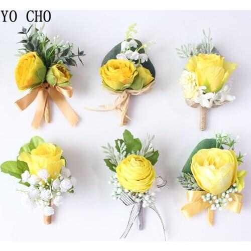 YO CHO Boutonniere Men Buttonhole Wrist Corsage Artificial Yellow Rose Sunflowers Wedding Girl Corsages Pins Wedding Boutonniere