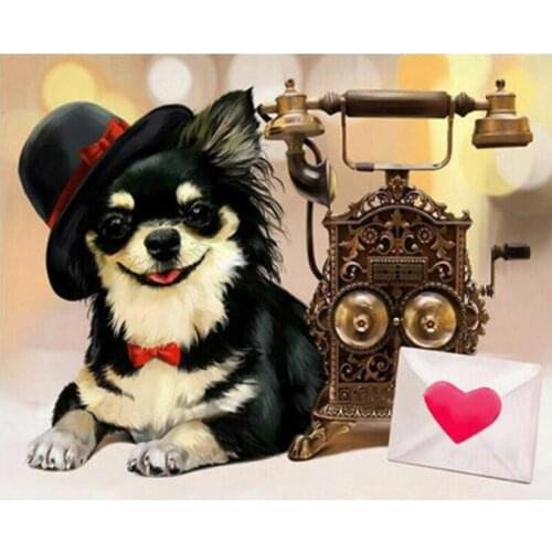 Full Square Drill Mosaic Kits 5D Diamond Painting DIY Diamond Embroidery Black Chihuahua Dog,Old Phone for Home Arts Crafts