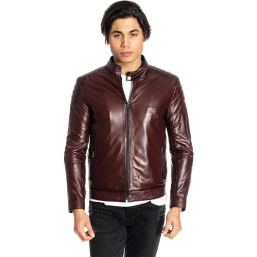 Genuine Soft Leather Handmade Burgundy Man Jacket Biker Style High Quality Lambskin Metal Zipper Autumn Gift For Valentines Day