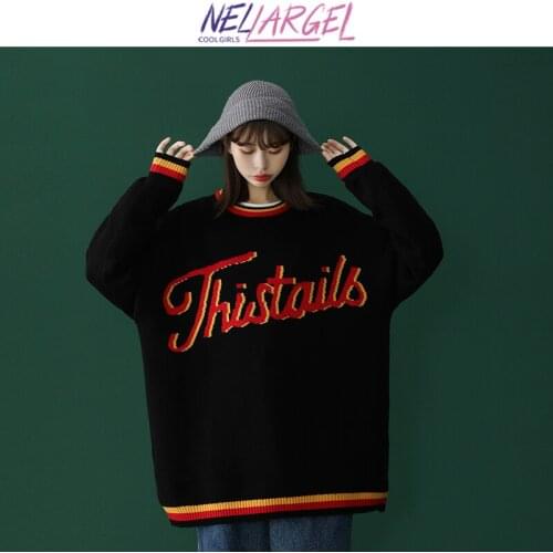 NELLARGEL Women Patchwork Letter Y2k Knitted Sweater 2021 Female Korean Fashion Oversized Pullover Girl Vintage Harajuku Sweater