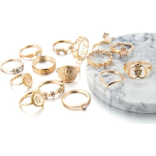 2021 New 15Pcs Assoeted Golden Religious Coin Cross Crystal Fatima Hand Boho Rings Set