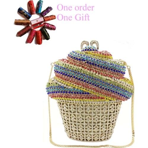 New Arrival Ice Cream Crystal Purse For Woman Rhinestone Clutch Cupcake Summer Holiday Bag Metal Chain Handbag