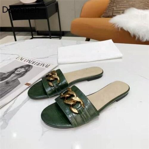 New Metal Chain Design Flat Mules Women Fashion Outdoors Dress Runway Half Wrap Toe Leather Slippers Woman Shoes mujer 2021