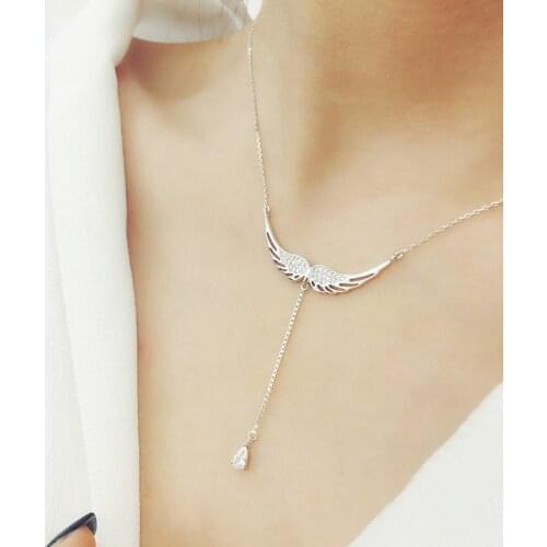 New Fashion Angel Wings Water Drop Shape Zircon Short Necklace Simple Charm Women Silver Color Clavicular Chain Birthday Gifts