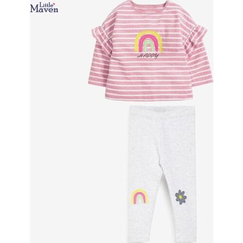 Baby Girls Fall Clothes Autumn Children Set Cotton Two Pieces Suit Toddler Girl Striped Rainbow Shirt + Gray Rainbow Pants 2-7y
