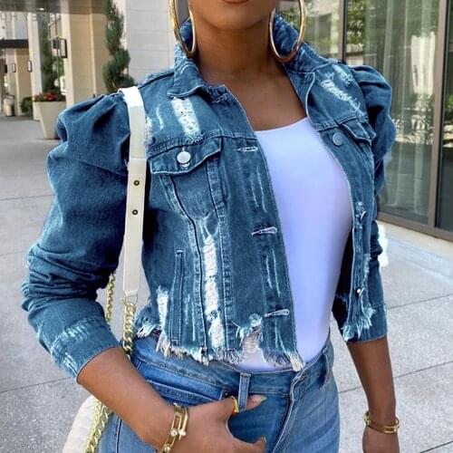 Plus Size Autumn Sexy Ripped Denim Jackets Women Jeans Vintage Casual Short Jean Jacket Puff Sleeve Female Chic Coat Streetwear
