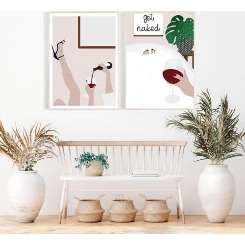 Beer Woman Single Line Art Print Canvas Poster Red Wine Woman Bathtub Bubbles Bathroom Picture Wall Painting for Living Room