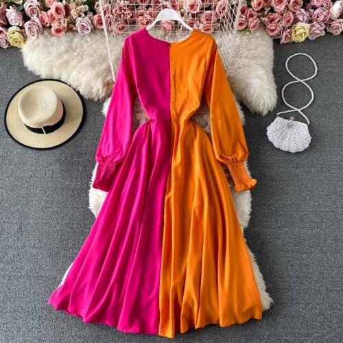 Chic Color Block Patchwork Holiday Beach Dress Women 2021 Spring Summer Fashion Lantern Sleeve V-Neck Fold Crossing Midi Dress