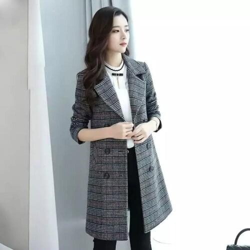 Plus Size 5XL Mother Plaid Woolen Coat Women Basic Coats Loose Spring Autumn Female Double Breasted Padded Jacket Windbreaker