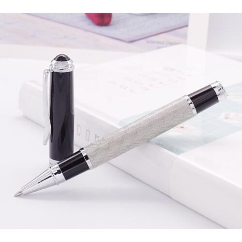 Fuliwen Carbon Fiber Fashion Roller Ball Pen with Smooth Refill , Advanced Bevel Silver Grid & Black Cap Advanced Writing Pen