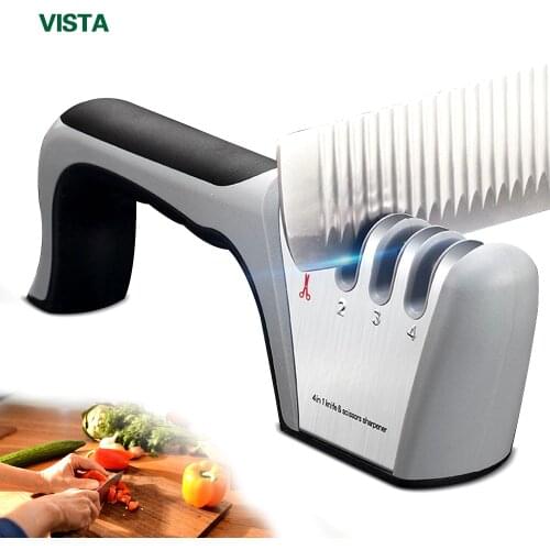 Knife Sharpener 4 in 1 Scissors Knife Sharping Tool Diamond Coated Ceramic Rod Knife Shears and Scissors Stainless Steel Blades