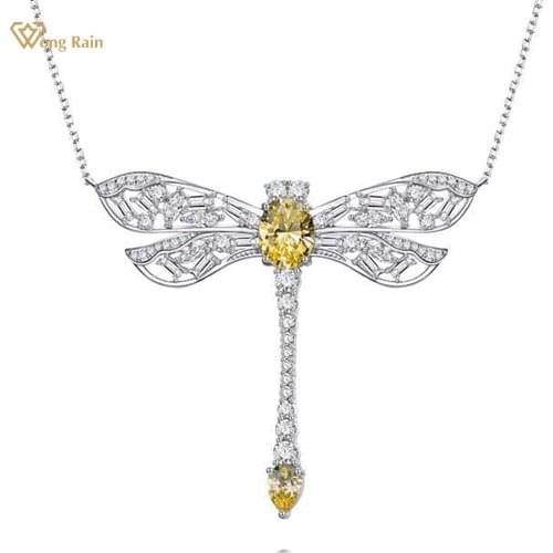 Wong Rain 925 Sterling Silver Created Moissanite Citrine Gemstone Anniversary Fashion Dragonfly Pendant Necklace Fine Jewelry
