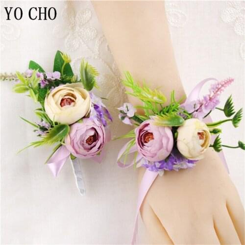 YO CHO Purple Silk Groom Boutonniere Man Suit Pin Brooch Women Bride Wrist Corsage Hand Flowers Wedding Flowers Party Decoration