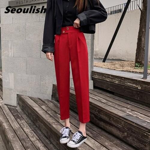 2020 New Summer Chic Womens Formal Harem Pants Button High Waist Elegant Office Lady Ankle-Length Loose Pants Pockets