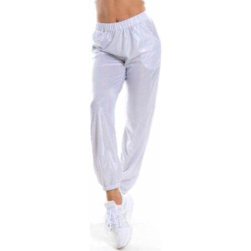Women Reflective Long Pants with Pockets High Waist Loose Holographic White Trousers Club Dance Jogger Pants Clubwear