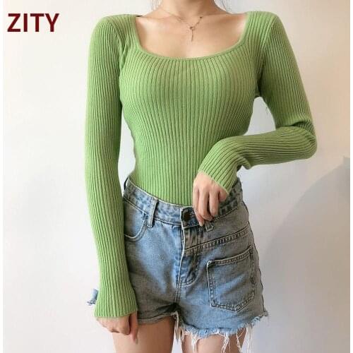 ZITY Sweater Pullovers Women Long Sleeve Basic Knit Top 2020 Casual Autumn Winter Slim Female Casual Basic Ribbed Sweate