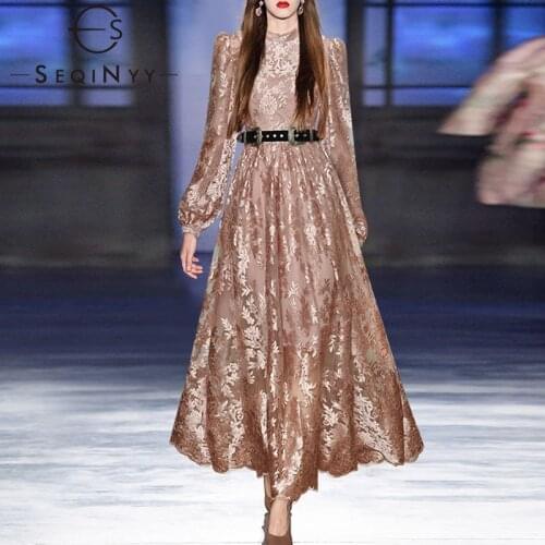 SEQINYY Elegant Long Dress Party Spring Autumn New Fashion Design Women Runway Flowers Embroidery High Quality Pink Elegant Belt