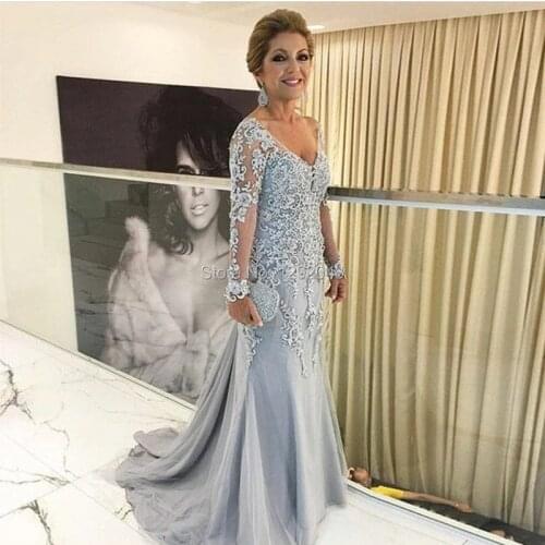 Womens lace prom dress Custom Made Mermaid Mother of the Bride Dresses Long Sleeve Silver Party Outfits YNQNFS MD45