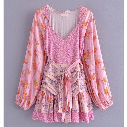 YENKYE Newest Women Contrast Color Floral Print Boho Party Dresses Sexy V Neck Sashes Robe Ladies Draped Layered Short Dress