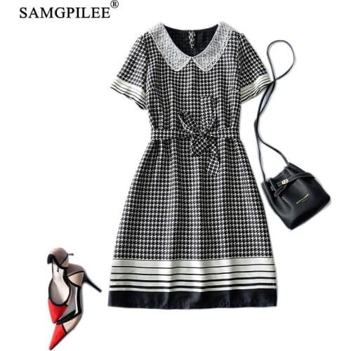Summer Dress For Women 2021 New Korean Style Casual A-line Plaid Short Sleeve Sashes Knee-length Turn-down Collar Dresses 4XL