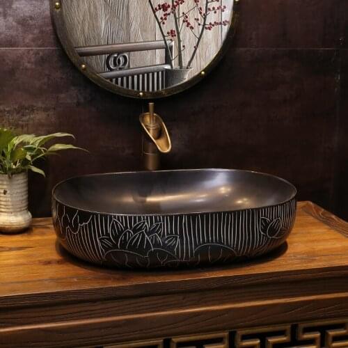Black Lotus Restoration Art Basin Chinese-style Ceramic Washbasin Ancient Basin Elliptical ceramic Wash basin bathroom sink
