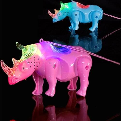 Electric Pull Rope Pet Walking Musical Flashing LED Rhino Animal Toy with Leash Kid Party Interactive Toy Children Birthday Gift