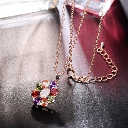 FYM Fashion Rose Gold Color Flower Shape Cubic Zircon Boho Pendants & Necklaces Crystal For Women Jewelry Party