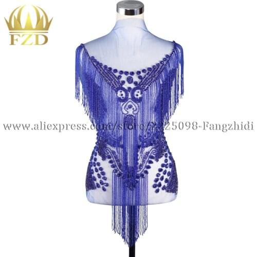FZD 1 Piece Elegant Royal Blue Fringe Handmade Sew On Rhinestone Patch Tassels Waterfall Dress Patch Bodice Applique for DIY