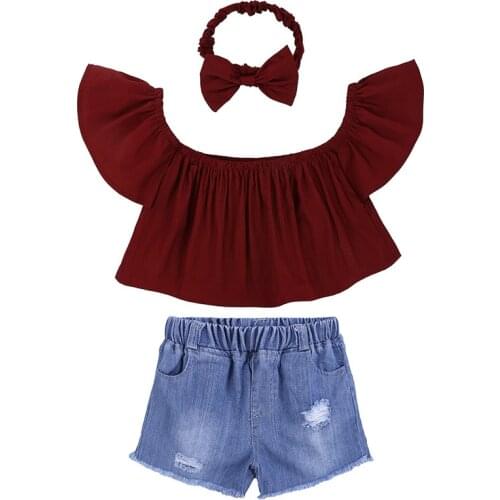 Kids Girls Set Summer Off Shoulder Tops Ripped Jeans Shorts + Headband Childrens Suit 3Pcs Toddler Girl Outfits Casual Clothing