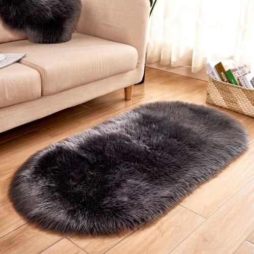 Ellipse Soft Faux Sheepskin Fur Chair Cushion Area Rugs for Bedroom Floor Shaggy Silky Plush Carpet White Sofa Mat