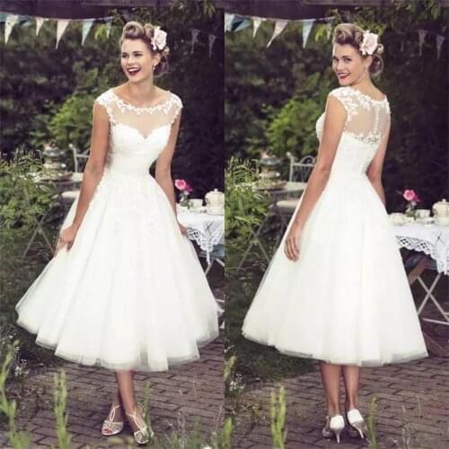 2020 New Collection Vintage Ivory Lace Wedding Dresses Sexy Sheer Neck Cap Sleeves Tea Length Custom Made Plus Size Bridal Gowns